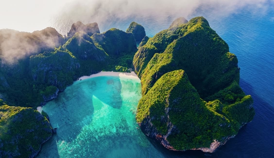 An aerial view of the magnificent phi phi islands and maya bay