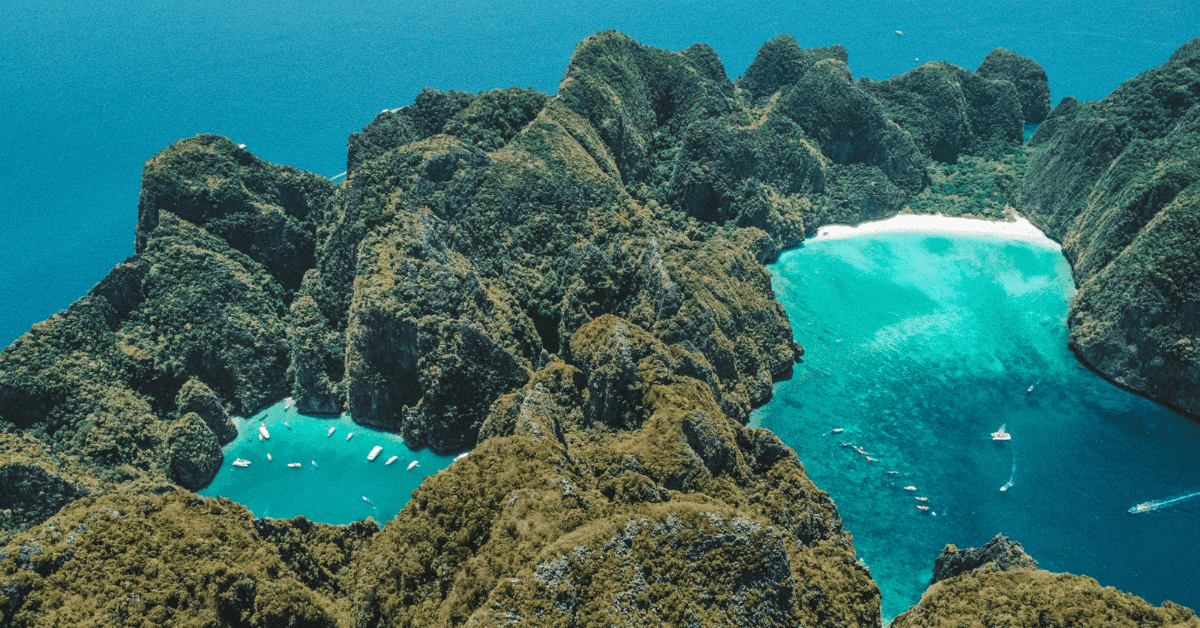 Aerial view of the pileh lagoon and maya bay, phi phi islands